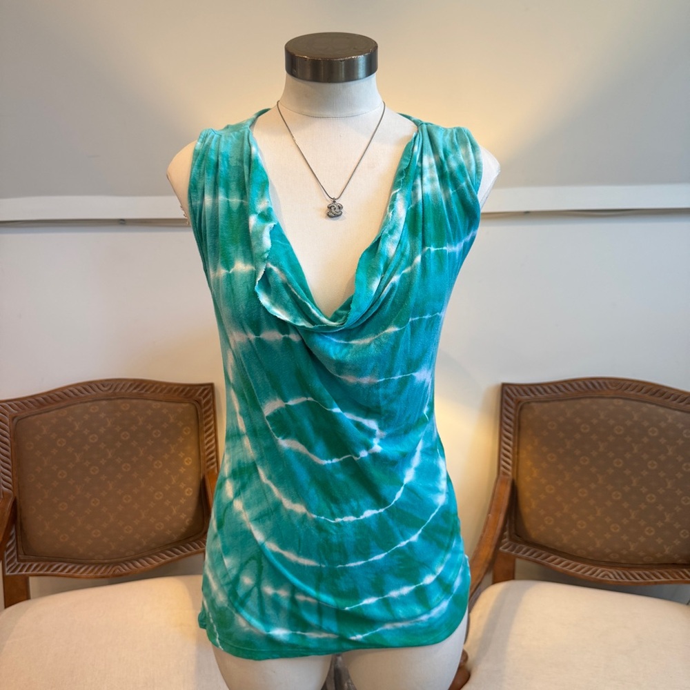 Tryst 90s Teal Blue Tie-Dye Women's Cowl Neck Top